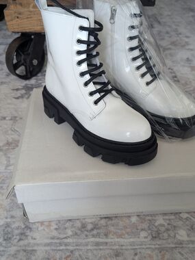 Women's White Combat Boots with Black Lug Sole